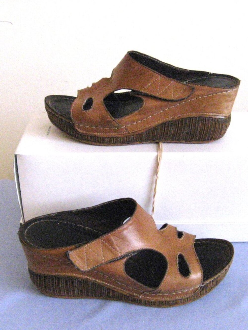 Garda Adjustable Leather Slip On Wedge Sandal, Size 38, US 7, Tan Brown